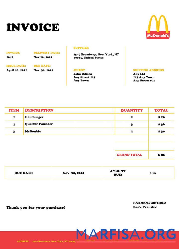 Blank USA Mcdonald’s invoice template